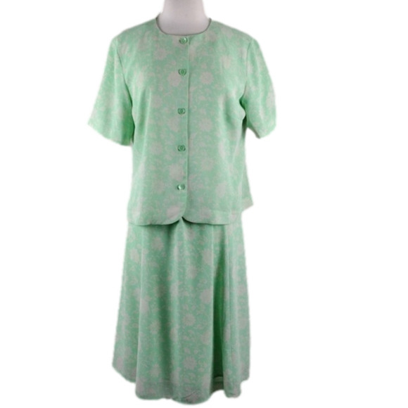 The Tog Shop Petite Vintage Mint Green White Floral Skirt Blouse Two Piece Set - Picture 1 of 16